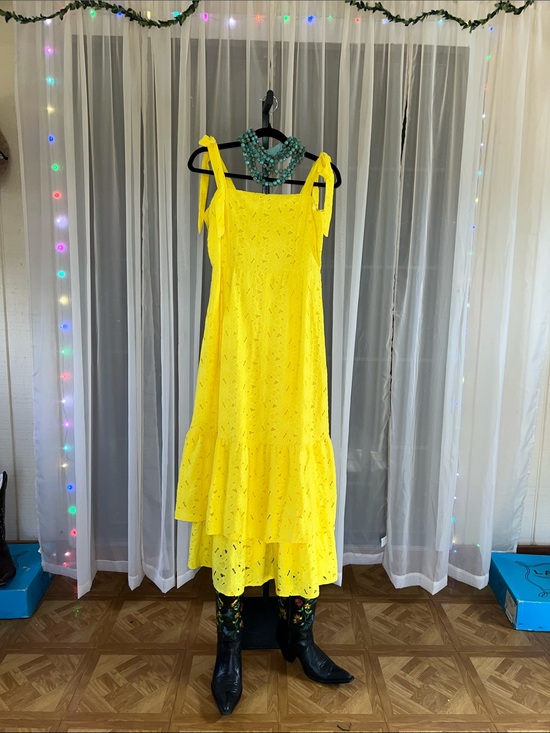 Perfectly Priscilla Dresses & Skirts - Bright Yellow Eyelet Midi Dress with Tie Straps